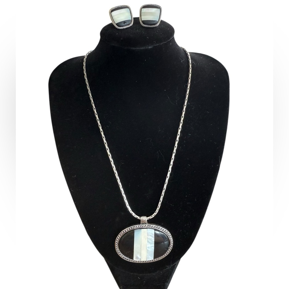 MONET Black and White Pendant Necklace and Clip-On Earring Set